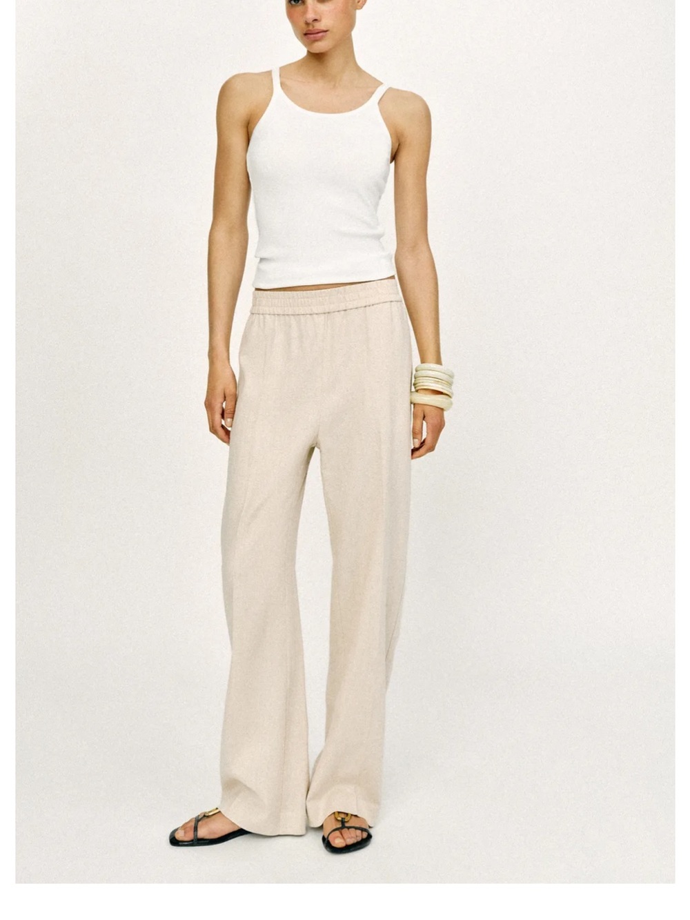 Wide-Leg Elastic-Waist Pants in Light Beige